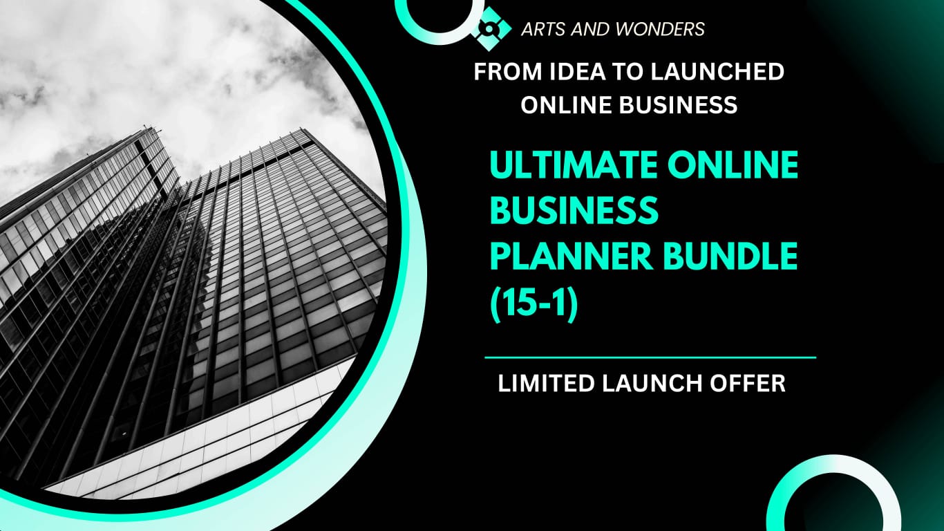 Promotional graphic for an online business planner bundle with a skyscraper image.