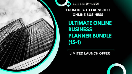 Promotional graphic for an online business planner bundle with a skyscraper image.